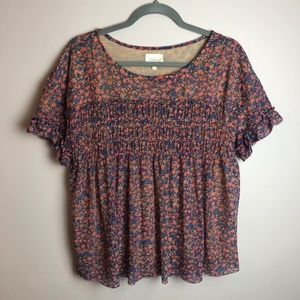 Anthropologie Sheer pink + blue Floral Blouse, medium